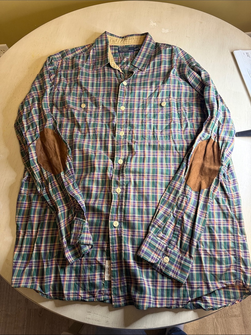 Vintage Polo by Ralph Lauren Green Plaid Button-Down with Brown Elbow Patches